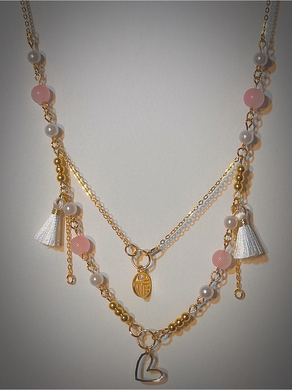 Gold Double-Layer Necklace with Pink Beads & White Tassels